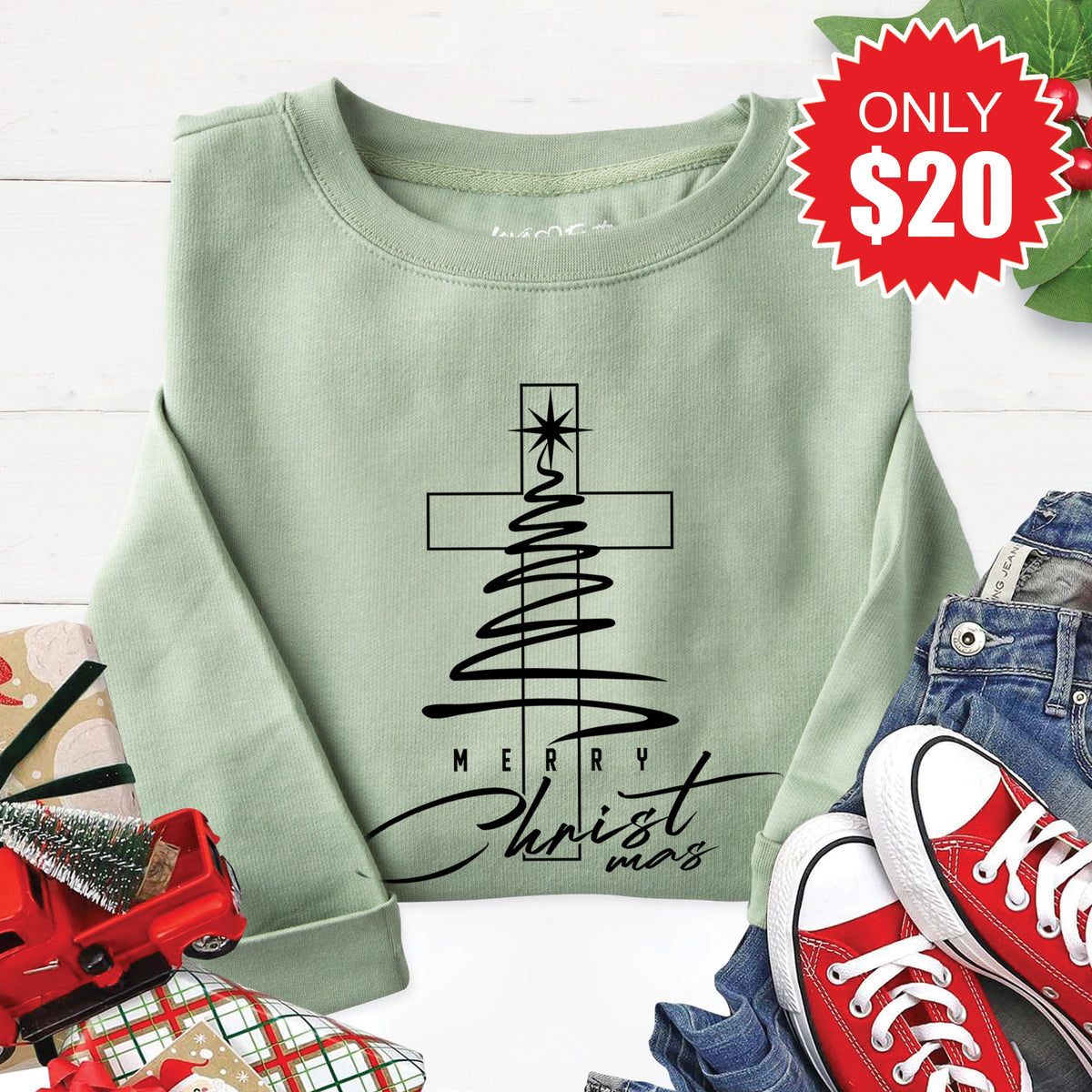 Merry Christmas Sweatshirt - Heather Sage - 20 product image 1
