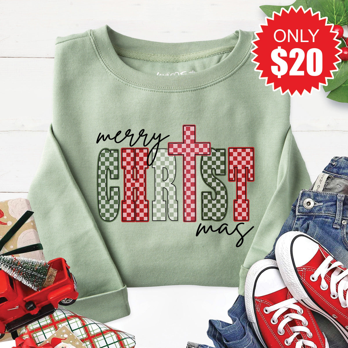 Merry Christmas Sweatshirt - Heather Sage - 20 product image 1