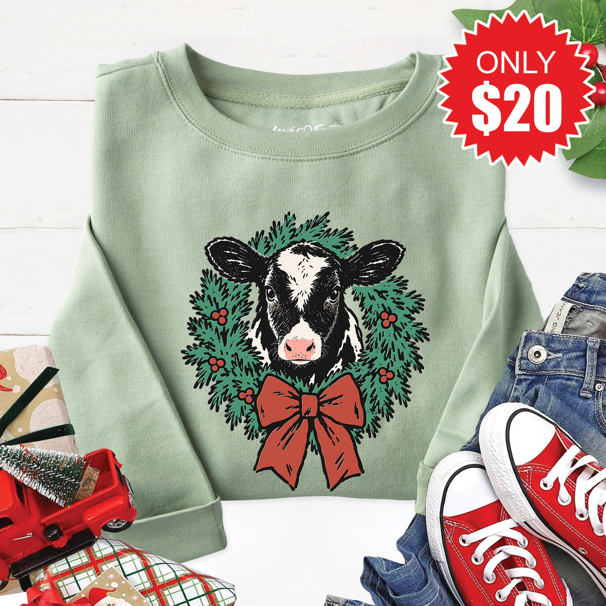 Christmas Cow Sweatshirt - Heather Sage - 20 product image 1
