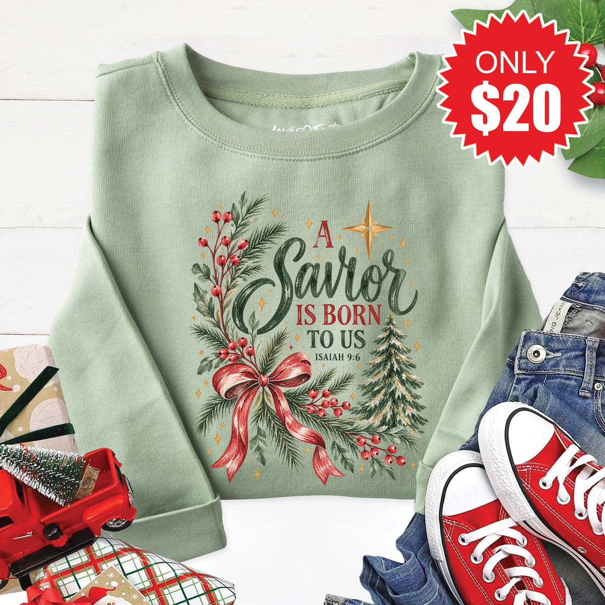 A Savior Is Born Sweatshirt - Heather Sage - 20 product image 1