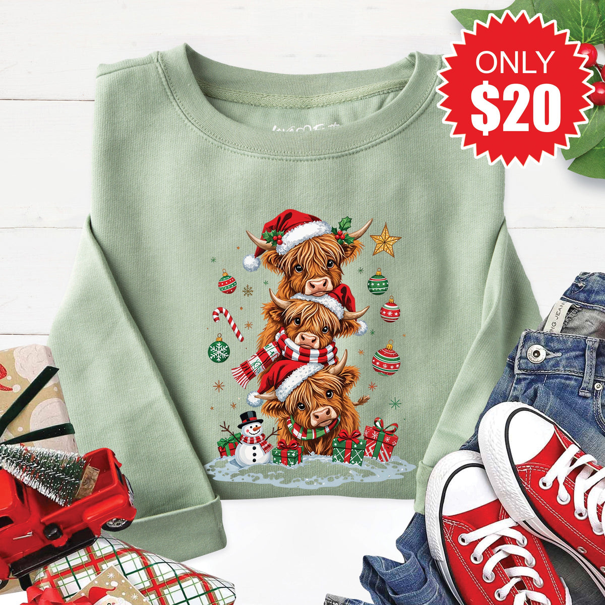 Christmas Cows Sweatshirt - Heather Sage - 20 product image 1