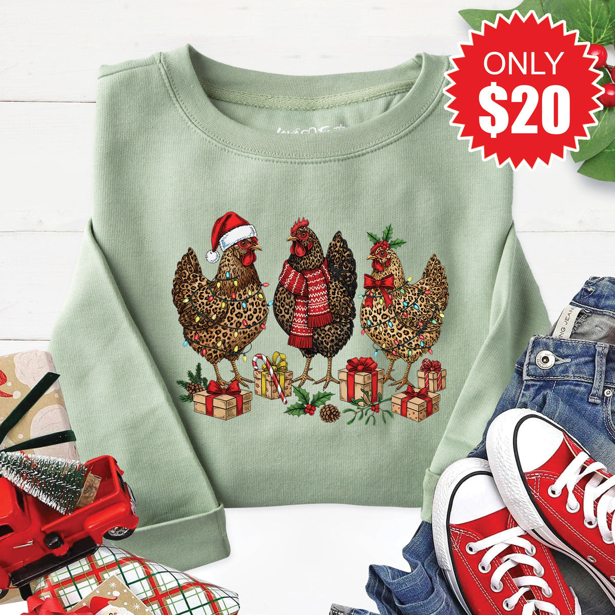 Christmas Chickens Sweatshirt - Heather Sage - 20 product image 1