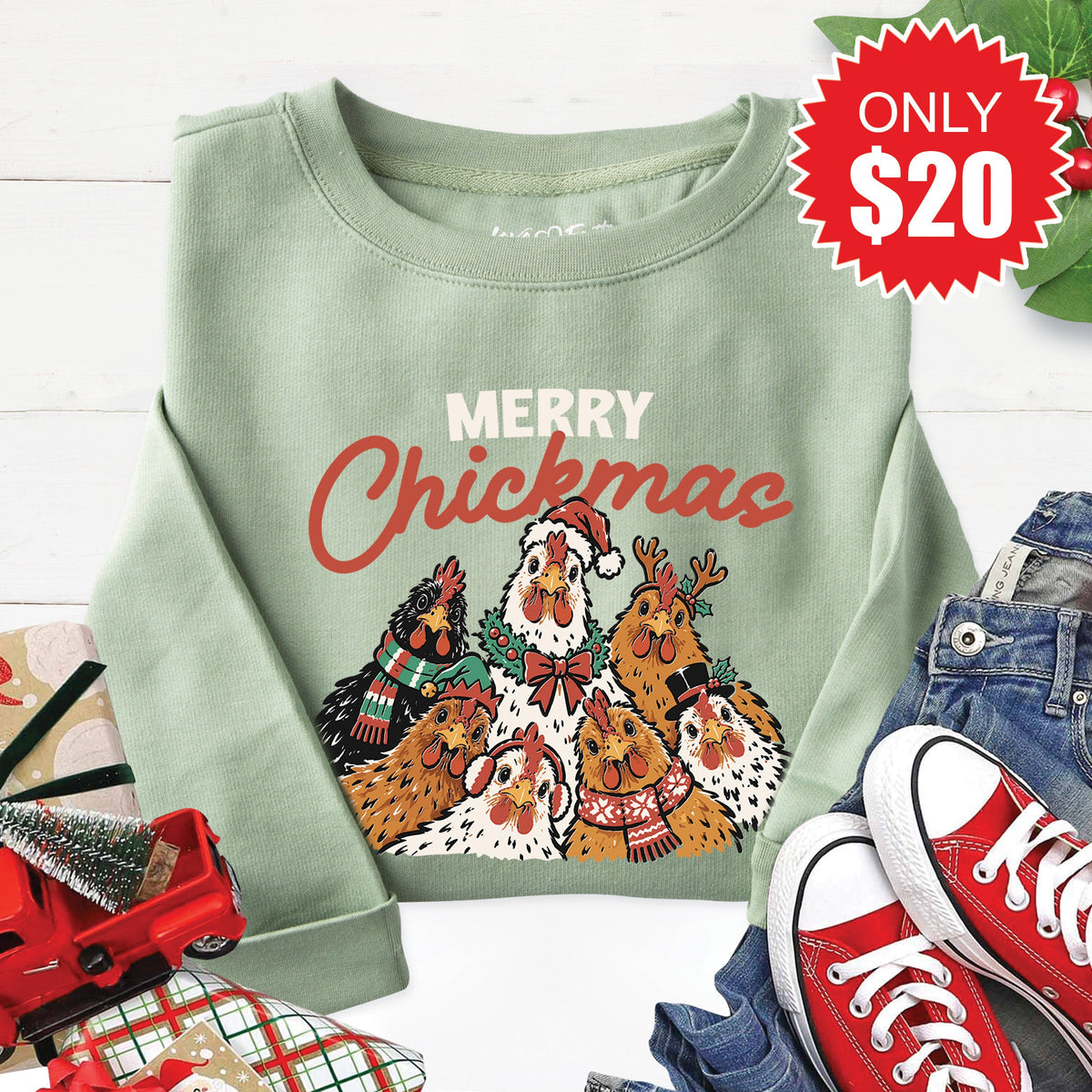Merry Chickmas Sweatshirt - Heather Sage - 20 product image 1