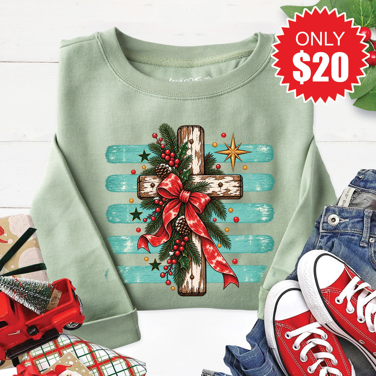 Christmas Cross Sweatshirt - Heather Sage - 20 product image 1