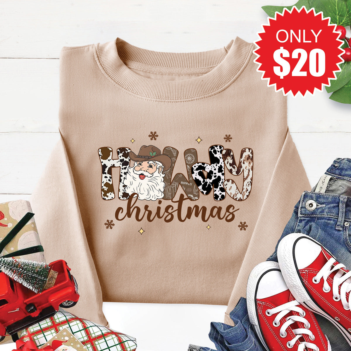 Howdy Christmas Sweatshirt - Heather Sand - 20 product image 1