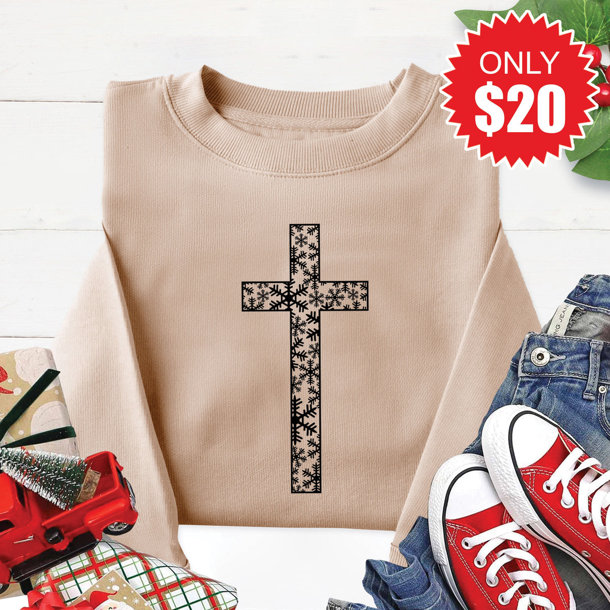 Christmas Cross Sweatshirt - Heather Sand - 20 product image 1