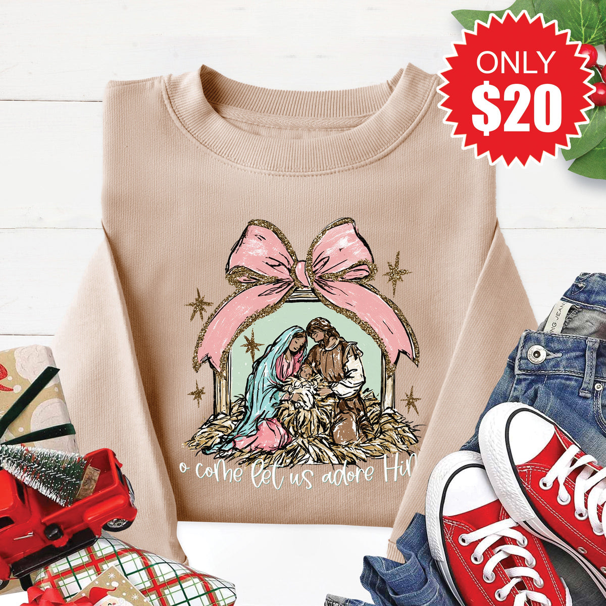 O Come Let Us Adore Him Sweatshirt - Heather Sand - 20 product image 1