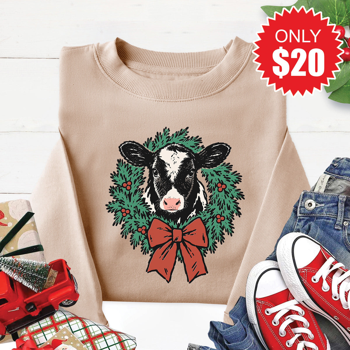 Christmas Cow Sweatshirt - Heather Sand - 20 product image 1