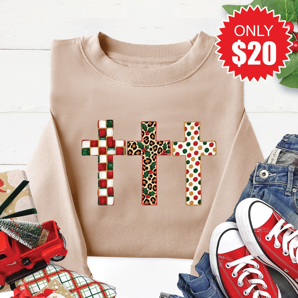Christmas Crosses Sweatshirt - Heather Sand - 20 product image 1
