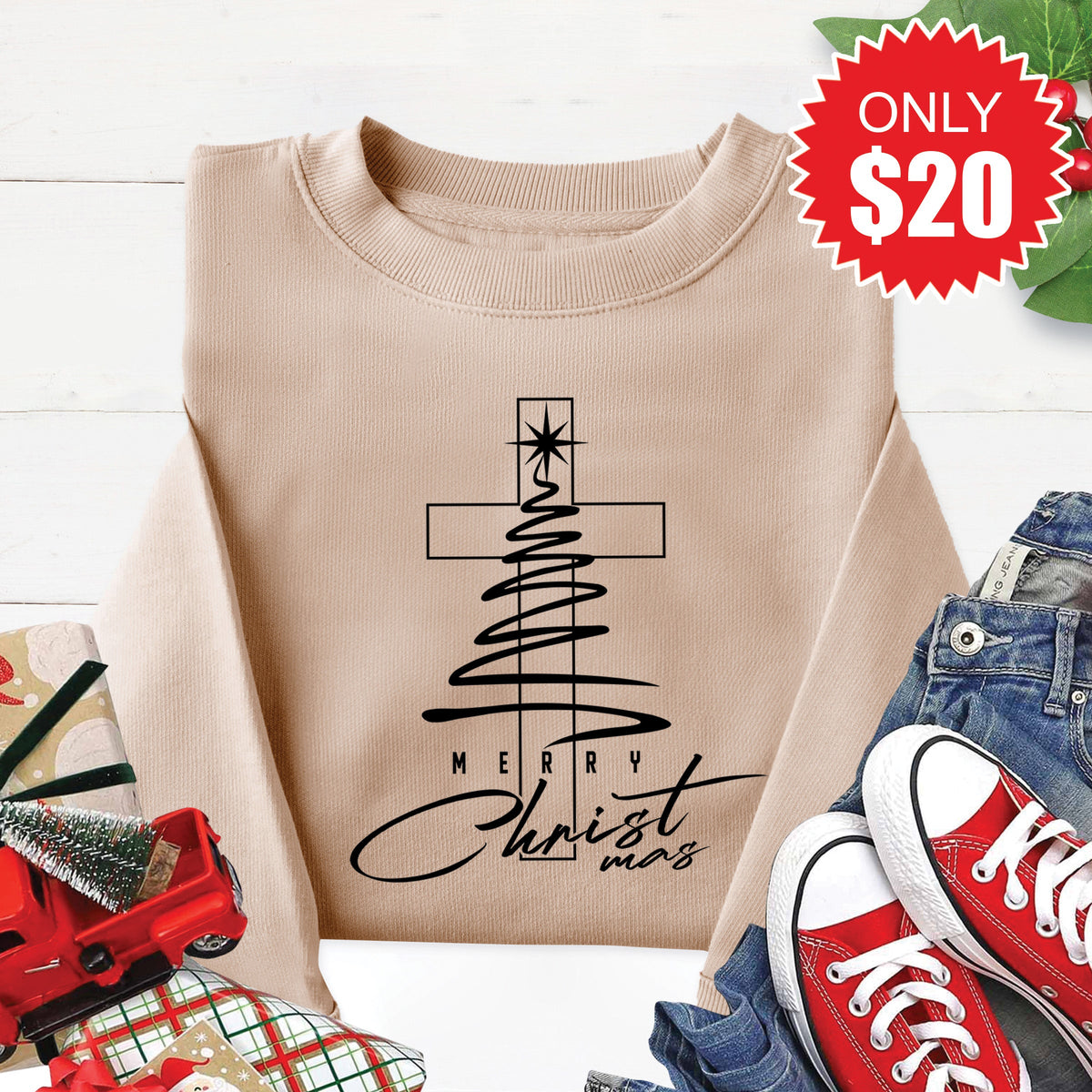 Merry Christmas Sweatshirt - Heather Sand - 20 product image 1