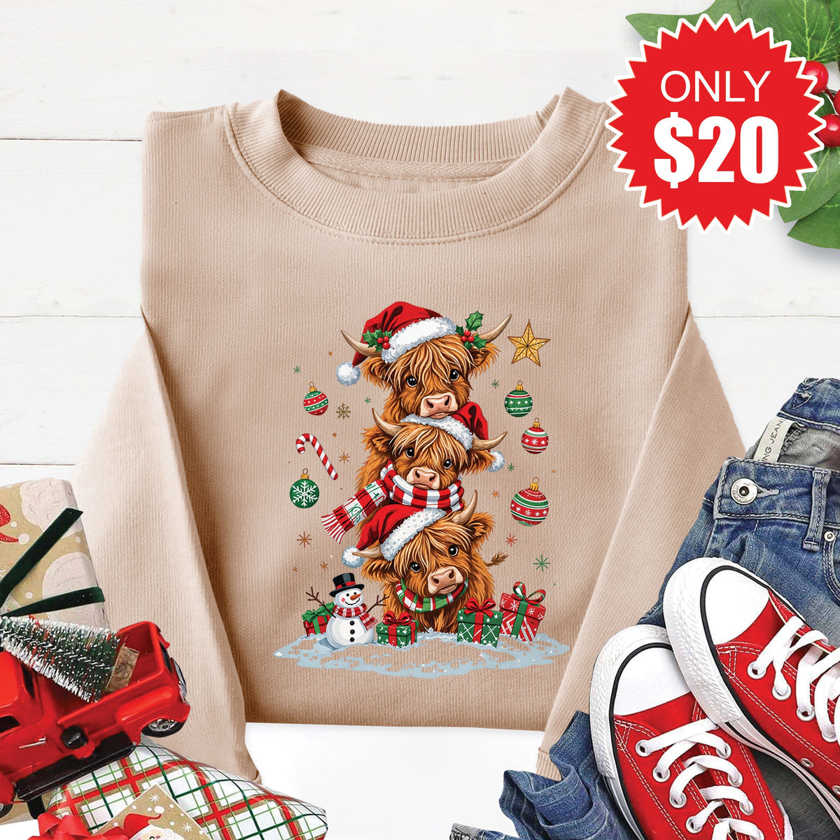 Christmas Cows Sweatshirt - Heather Sand - 20 product image 1
