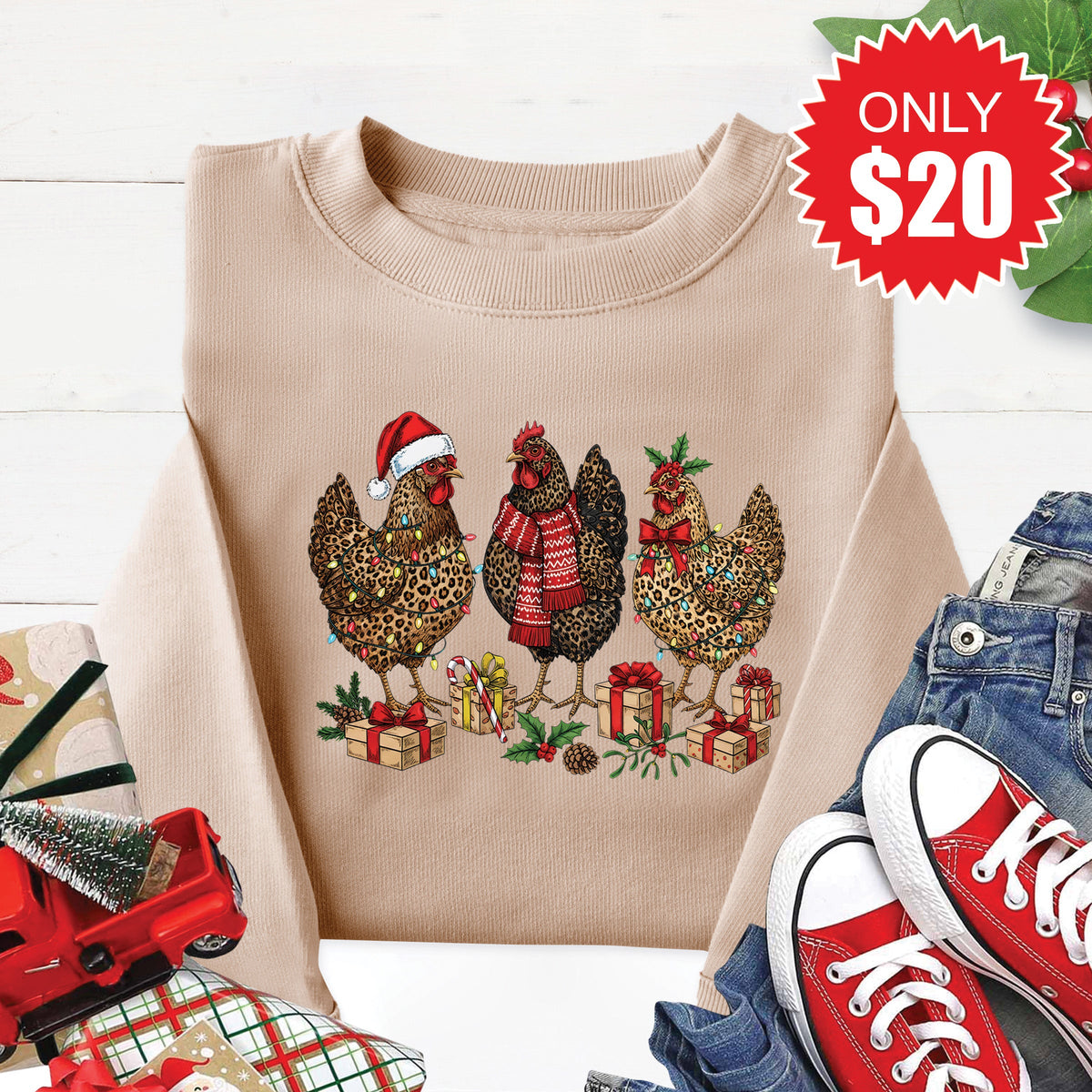 Christmas Chickens Sweatshirt - Heather Sand - 20 product image 1