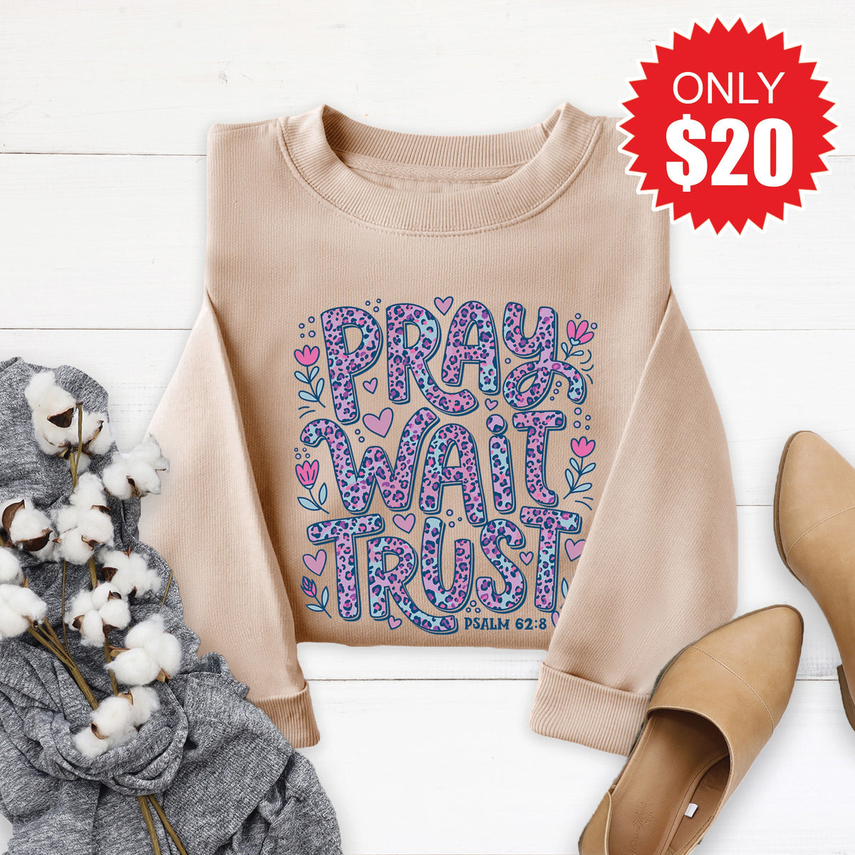 Pray Wait Trust Sweatshirt - Heather Sand - 20 product image 1