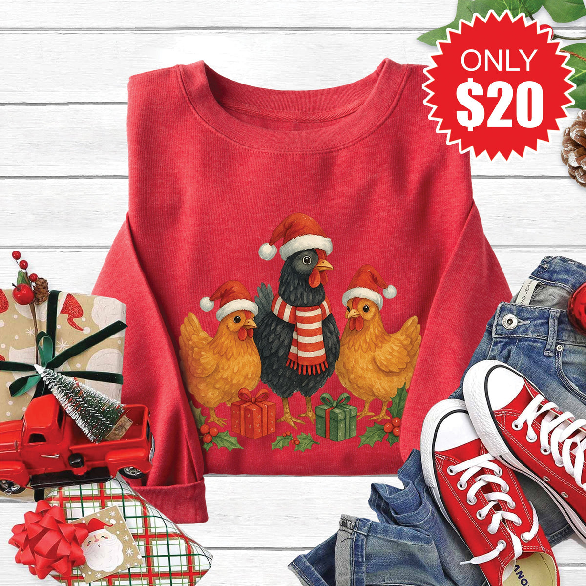 Christmas Chickens Sweatshirt - Heather Scarlet - 20 product image 1