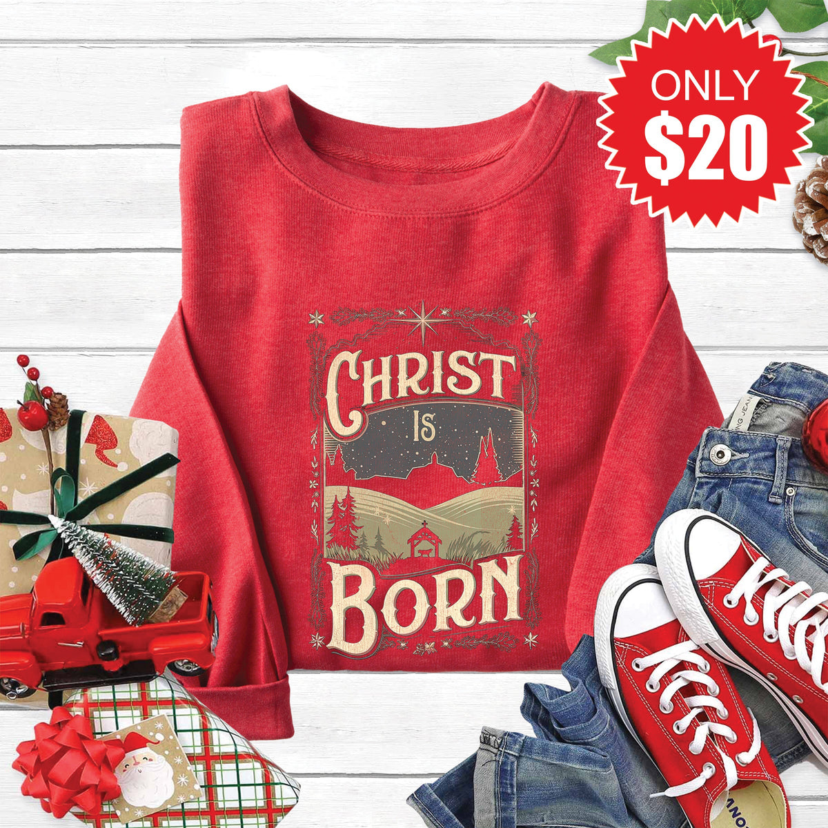 Christ Is Born Sweatshirt - Heather Scarlet - 20 product image 1