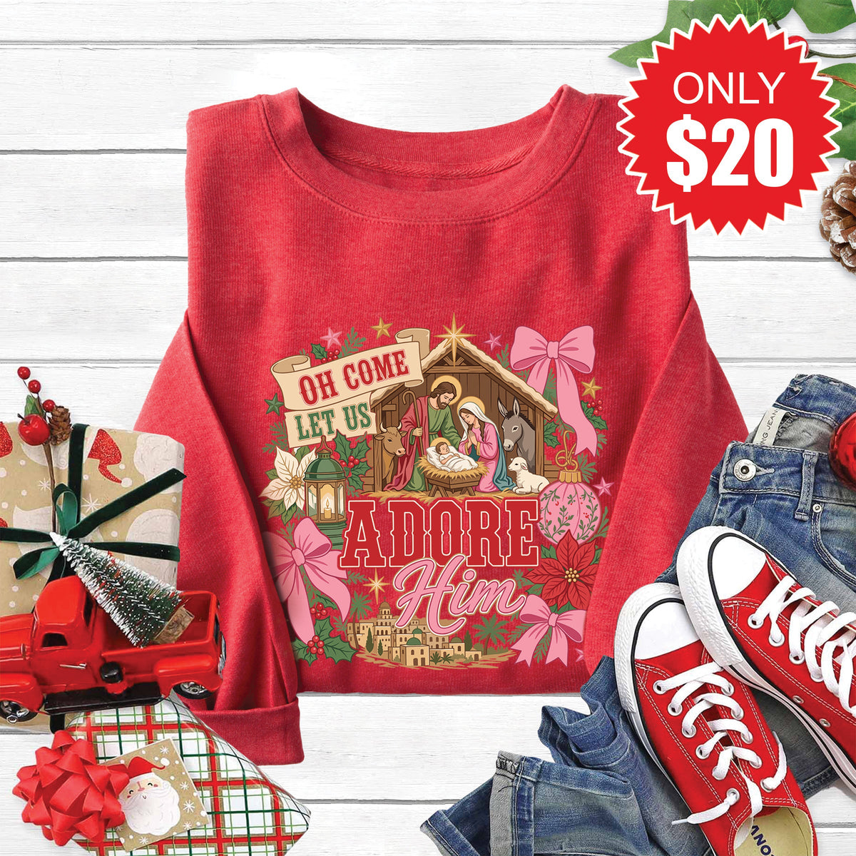 Oh Come Let Us Adore Him Sweatshirt - Heather Scarlet - 20 product image 1