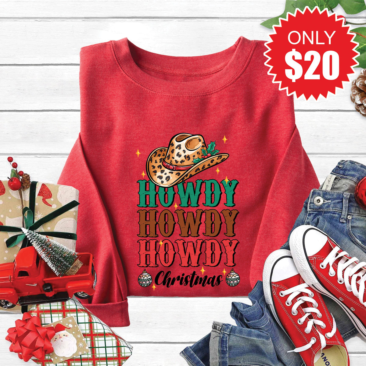 Howdy Christmas Sweatshirt - Heather Scarlet - 20 product image 1