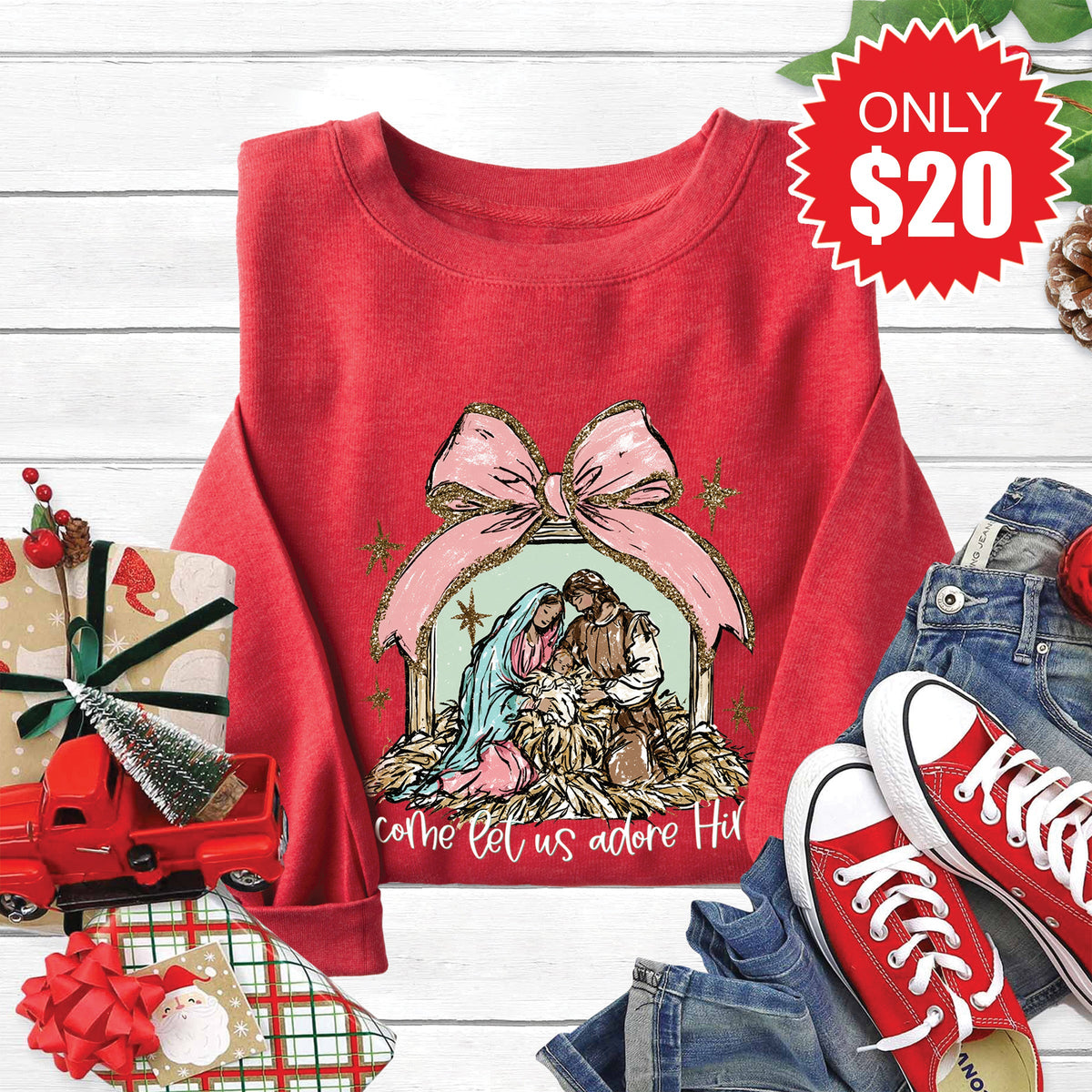 O Come Let Us Adore Him Sweatshirt - Heather Scarlet - 20 product image 1
