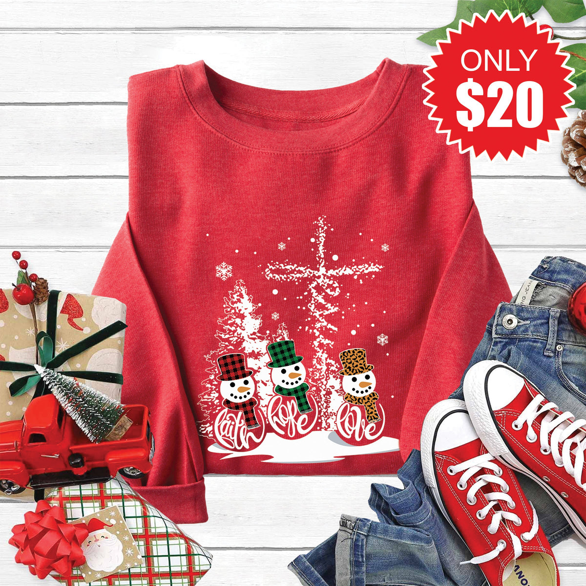 Faith Hope Love Snowmen Sweatshirt - Heather Scarlet - 20 product image 1