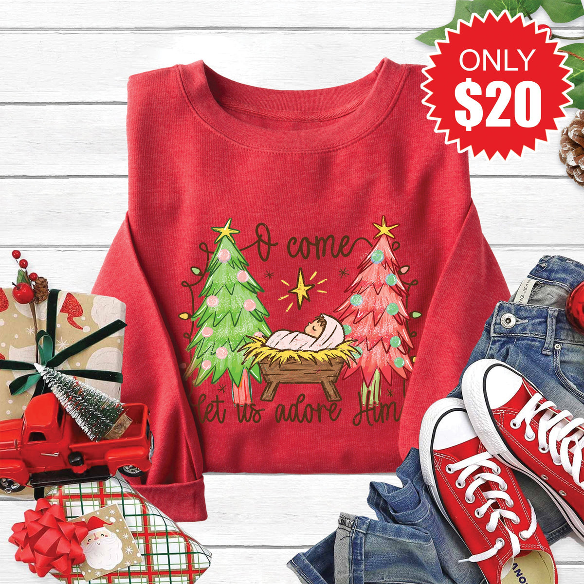 O Come Let Us Adore Him Sweatshirt - Heather Scarlet - 20 product image 1