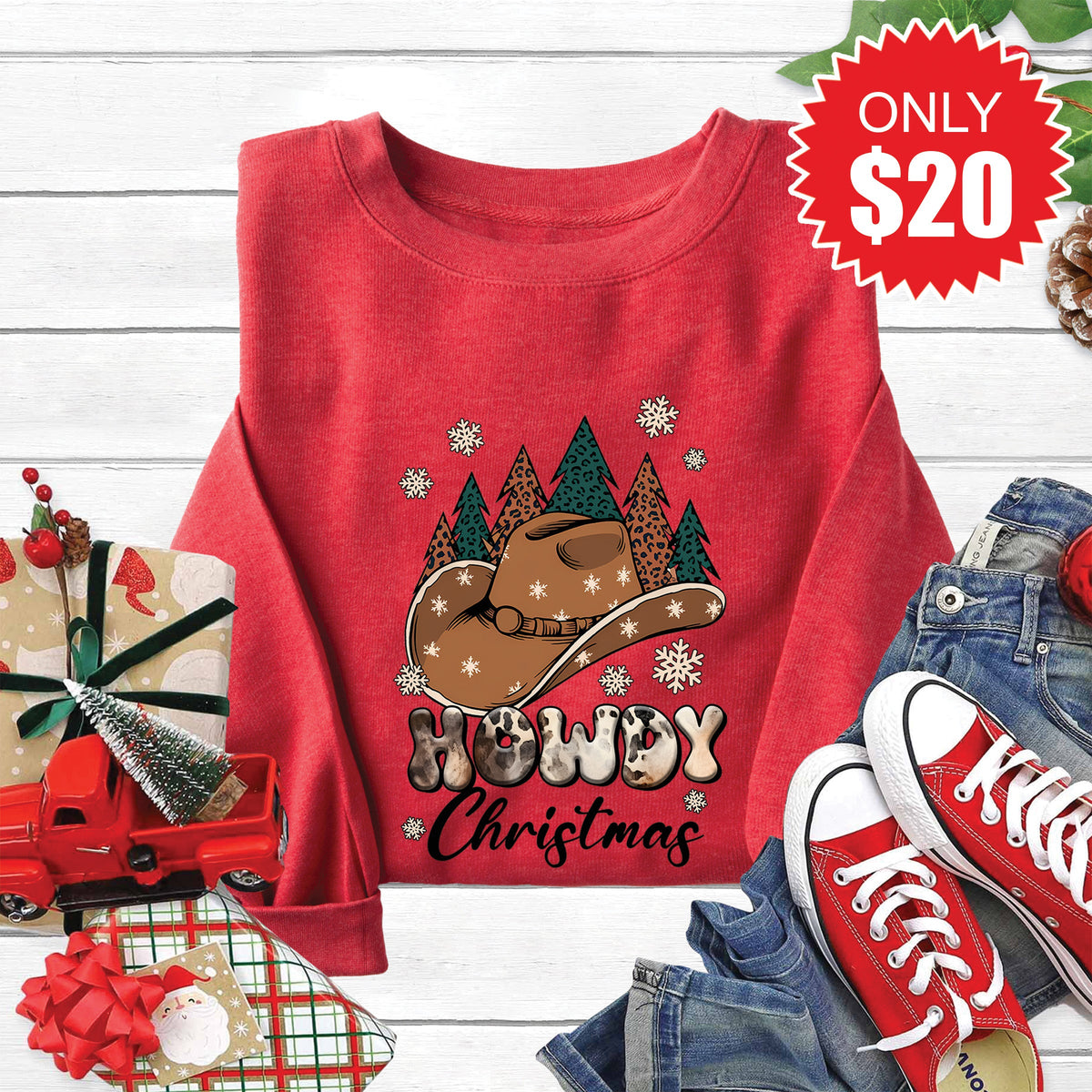 Howdy Christmas Sweatshirt - Heather Scarlet - 20 product image 1