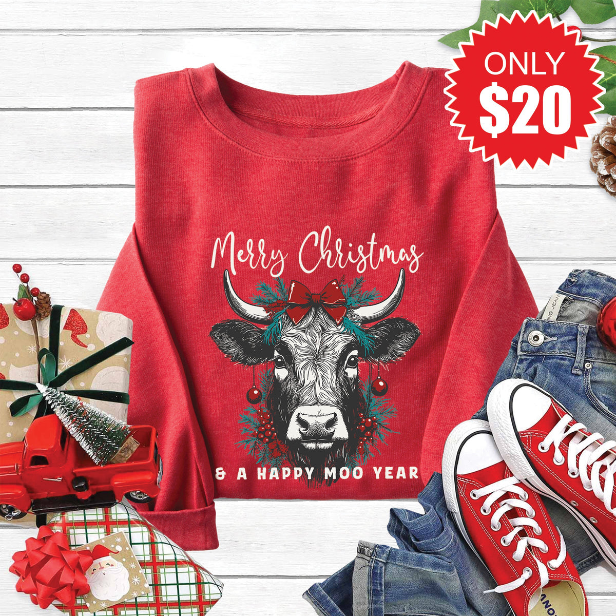 Happy Moo Year Sweatshirt - Heather Scarlet - 20 product image 1
