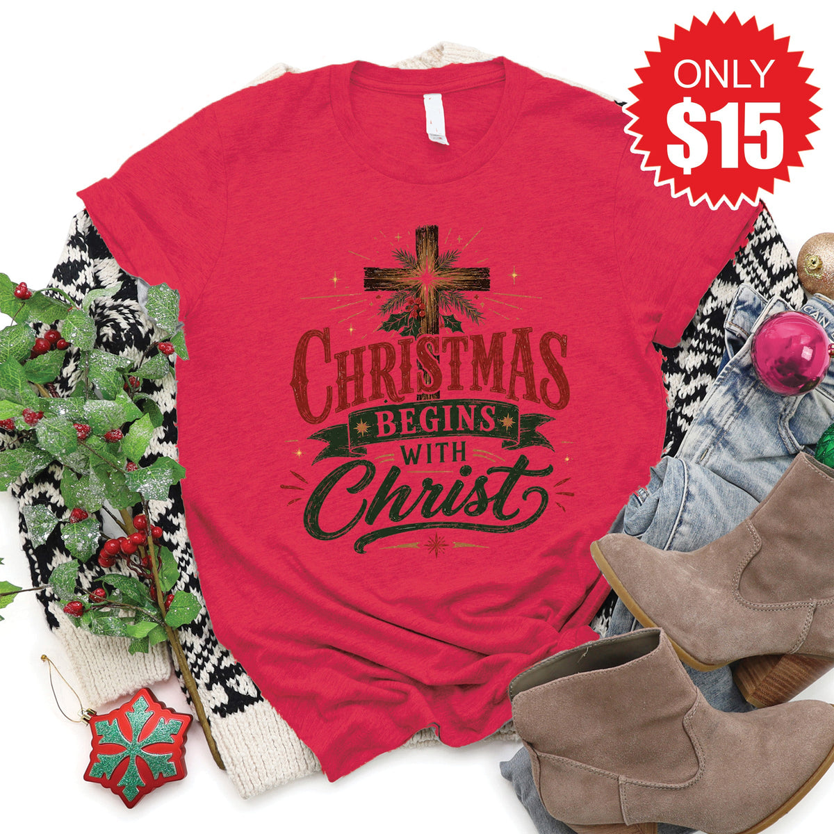 Christmas Begins With Christ Tee - Heather Scarlet - 15 product image 1
