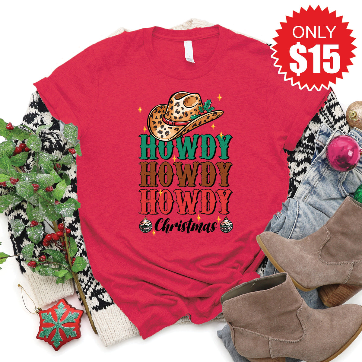Howdy Christmas Tee - Heather Scarlet - 15 product image 1