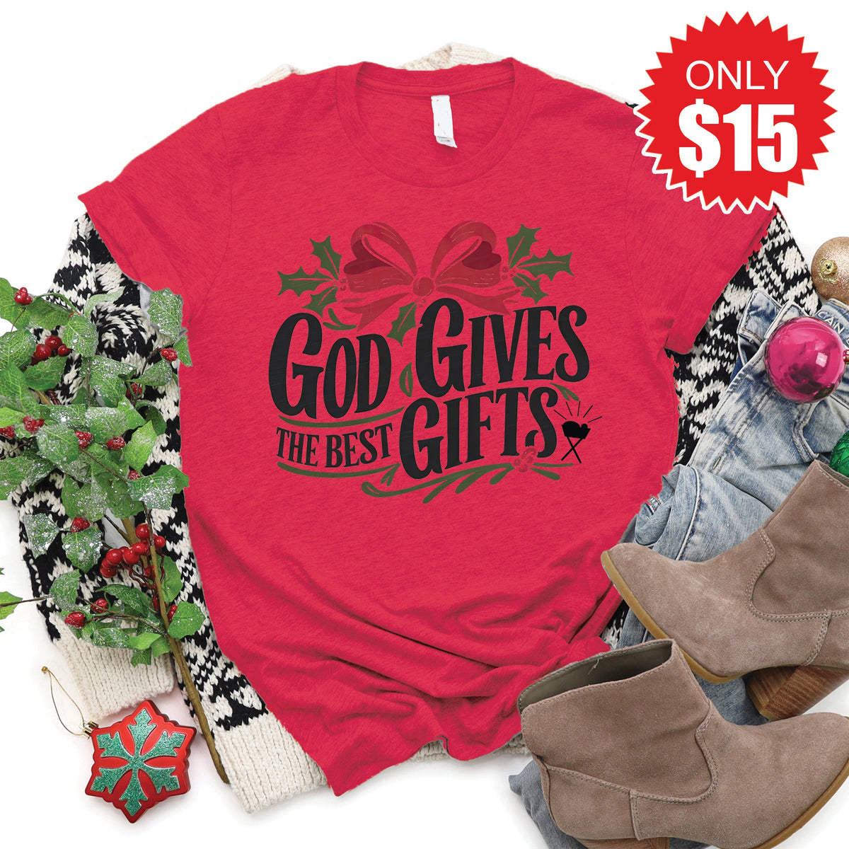God Gives The Best Gifts Tee - Heather Scarlet - 15 product image 1