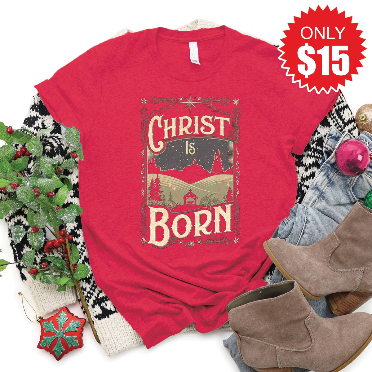 Christ Is Born Tee - Heather Scarlet - 15 product image 1