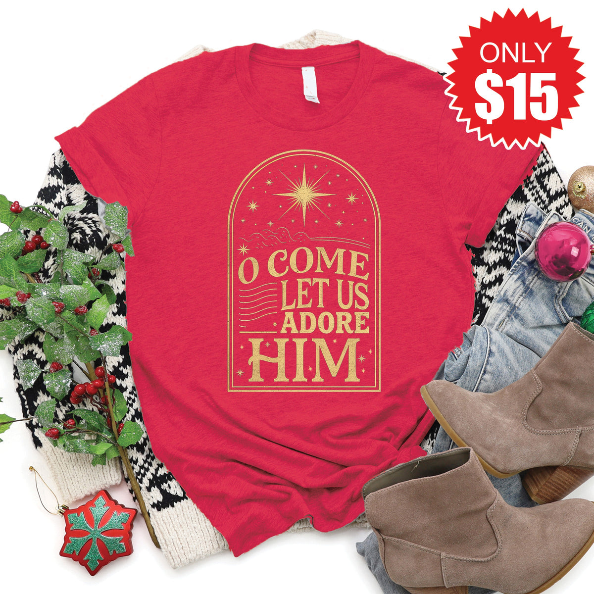 Let Us Adore Him Tee - Heather Scarlet - 15 product image 1