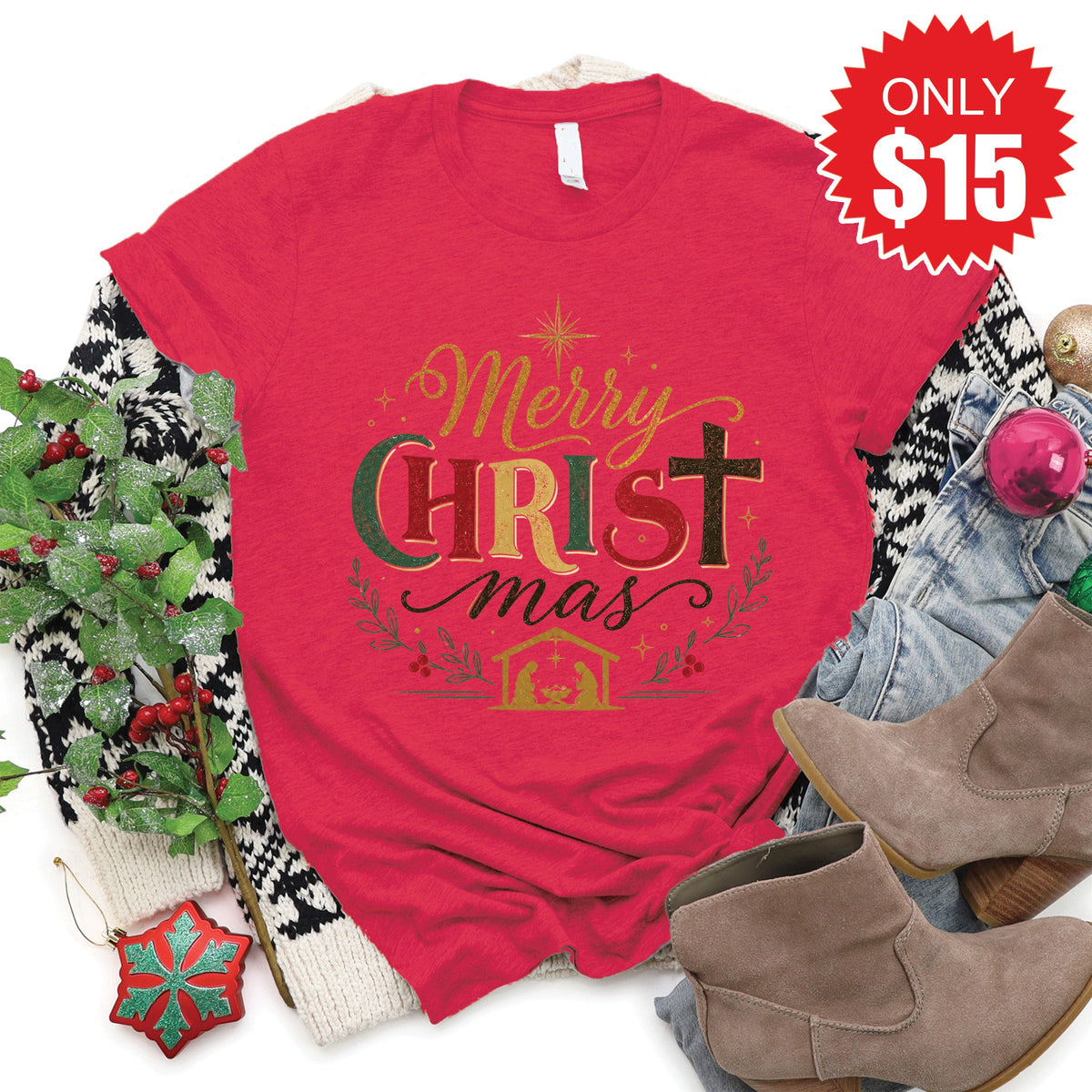 Merry Christ Mas Tee - Heather Scarlet - 15 product image 1