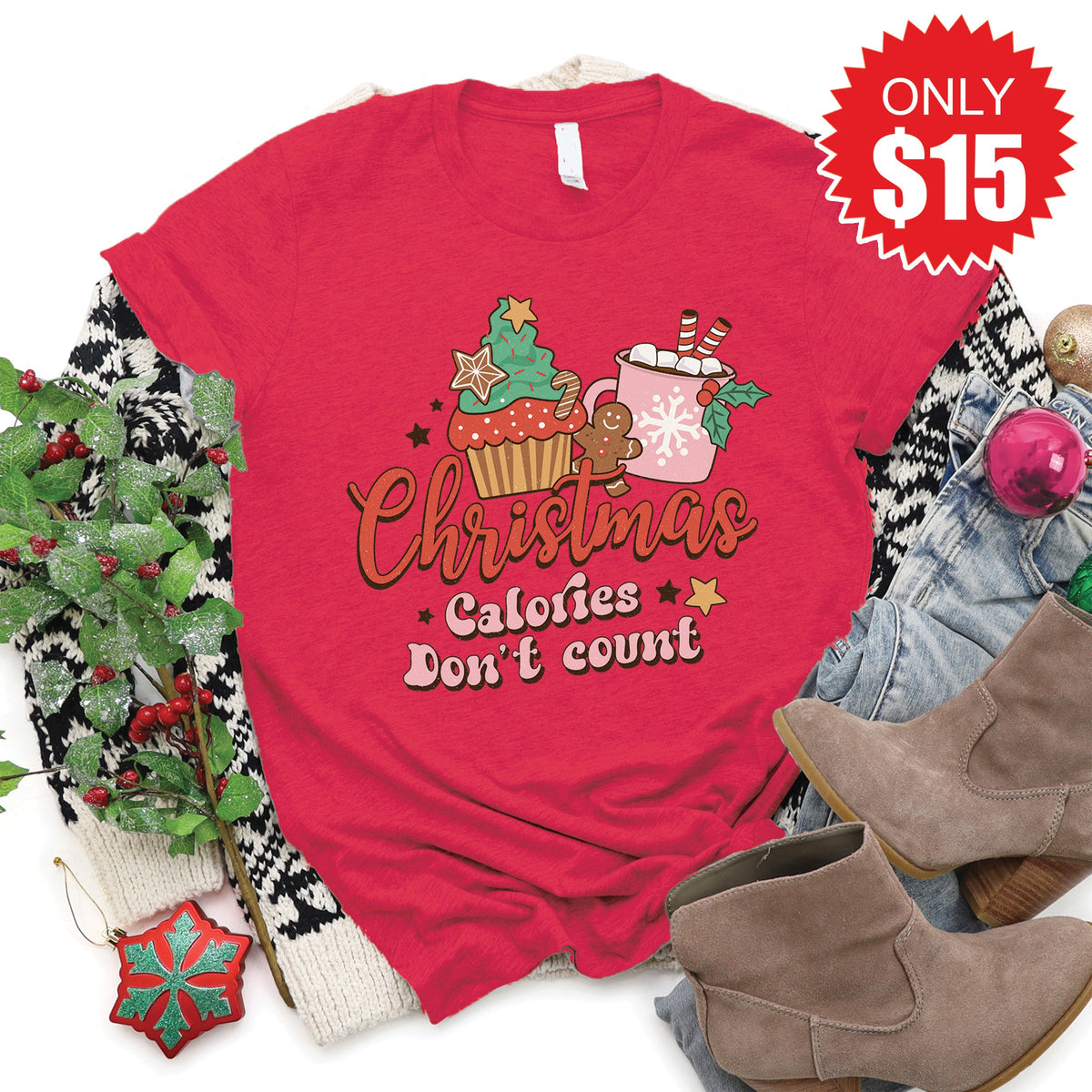 Christmas Calories Tee - Heather Scarlet - 15 product image 1