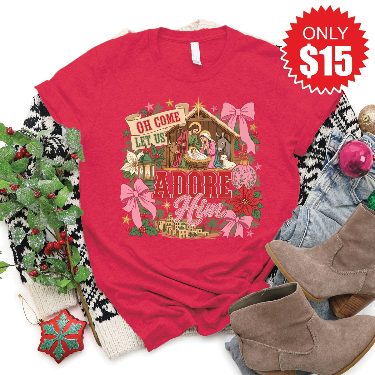 Oh Come Let Us Adore Him Tee - Heather Scarlet - 15 product image 1