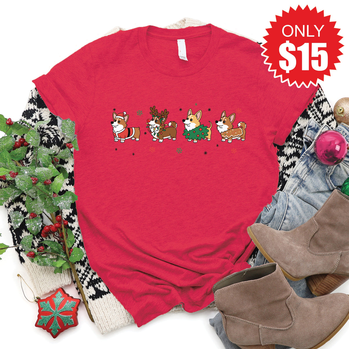 Christmas Corgi Tee - Heather Scarlet - 15 product image 1