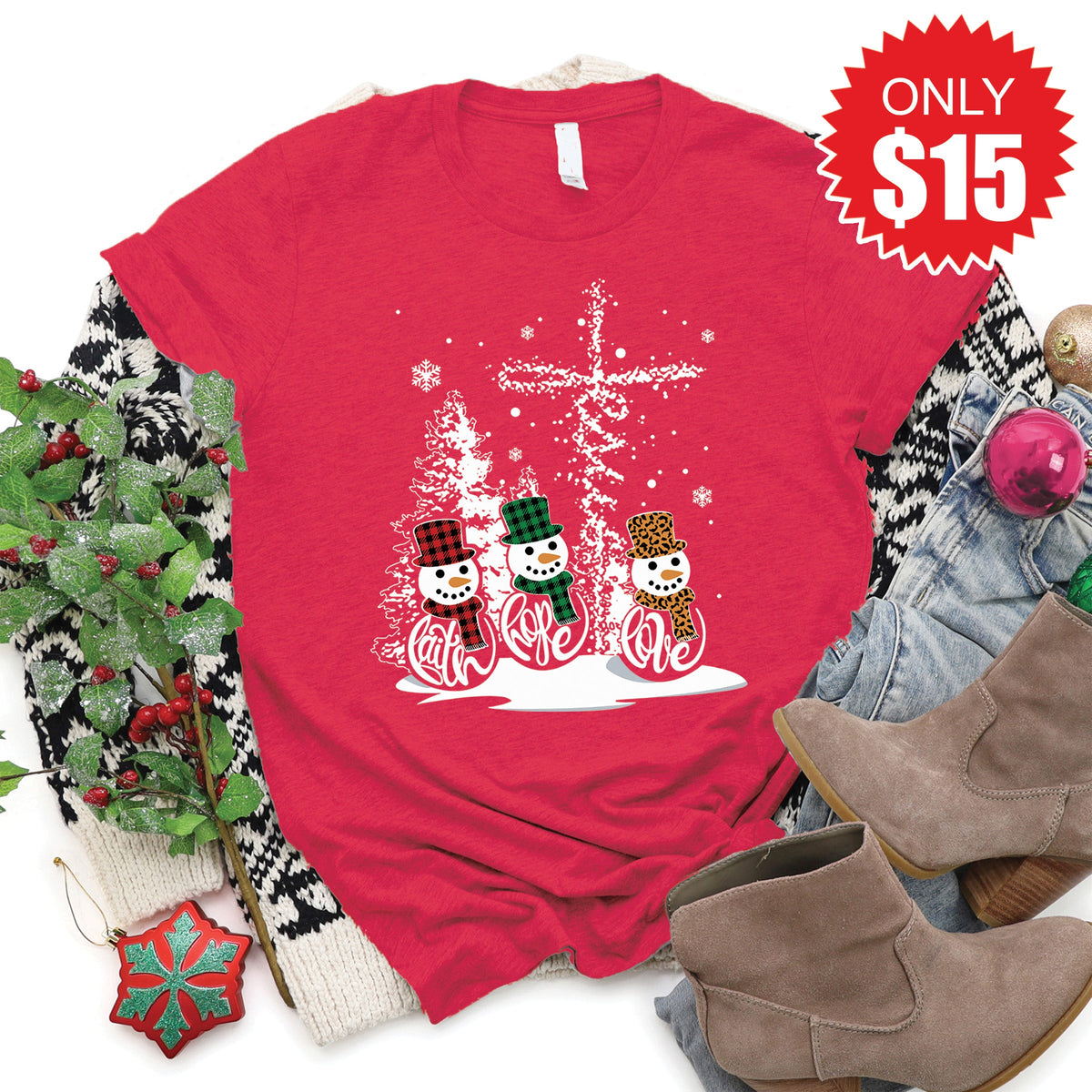 Faith Hope Love Snowmen Tee - Heather Scarlet - 15 product image 1