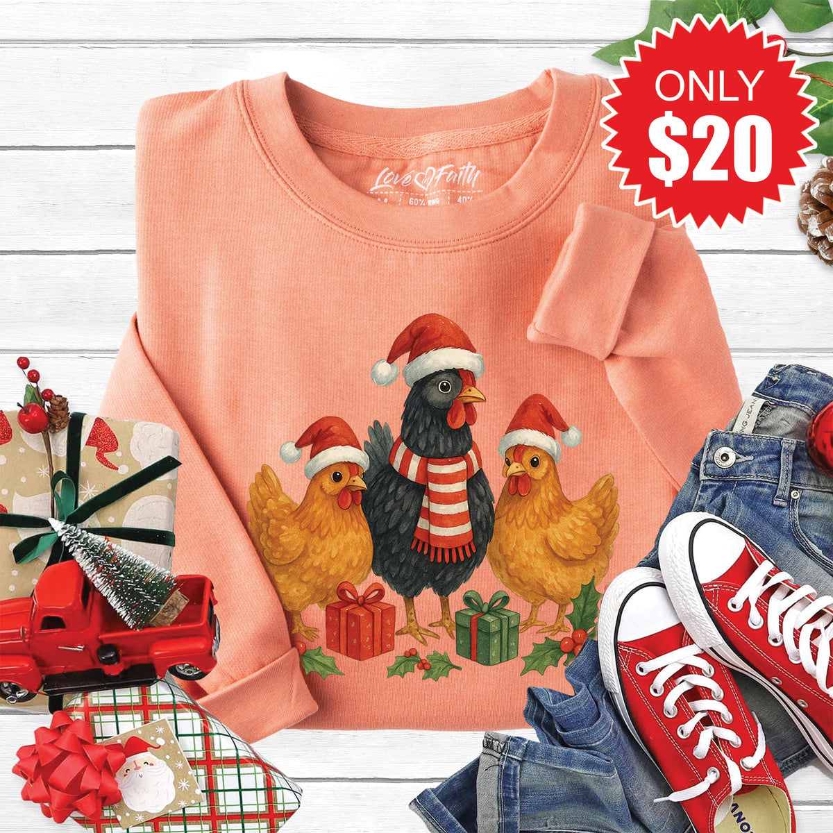 Christmas Chickens Sweatshirt - Heather Terracotta - 20 product image 1