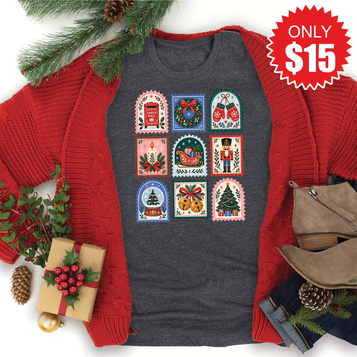 Christmas Stamps Tee - Heather Charcoal - 15 product image 1