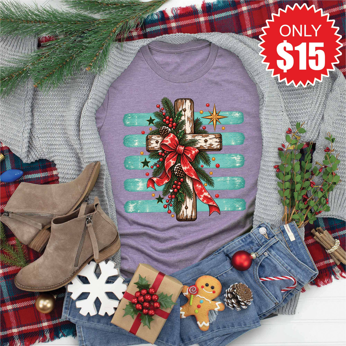 Christmas Cross Tee - Heather Deep Purple - 15 product image 1