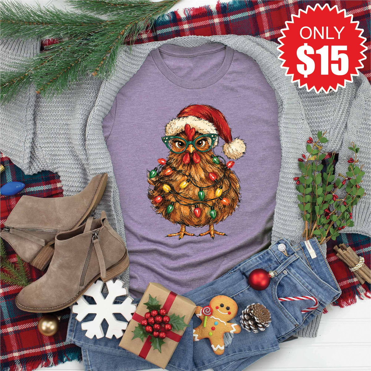 Christmas Chicken Tee - Heather Deep Purple - 15 product image 1