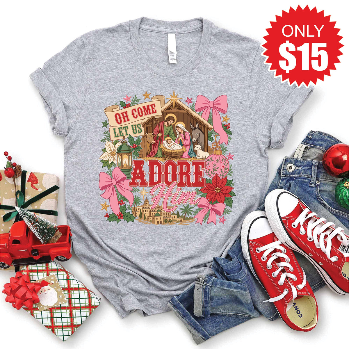 Oh Come Let Us Adore Him Tee - Heather Grey - 15 product image 1