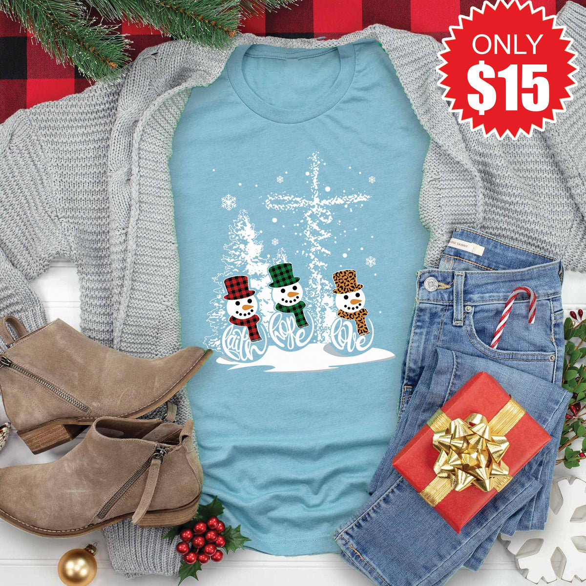 Faith Hope Love Snowmen Tee - Heather Lagoon - 15 product image 1