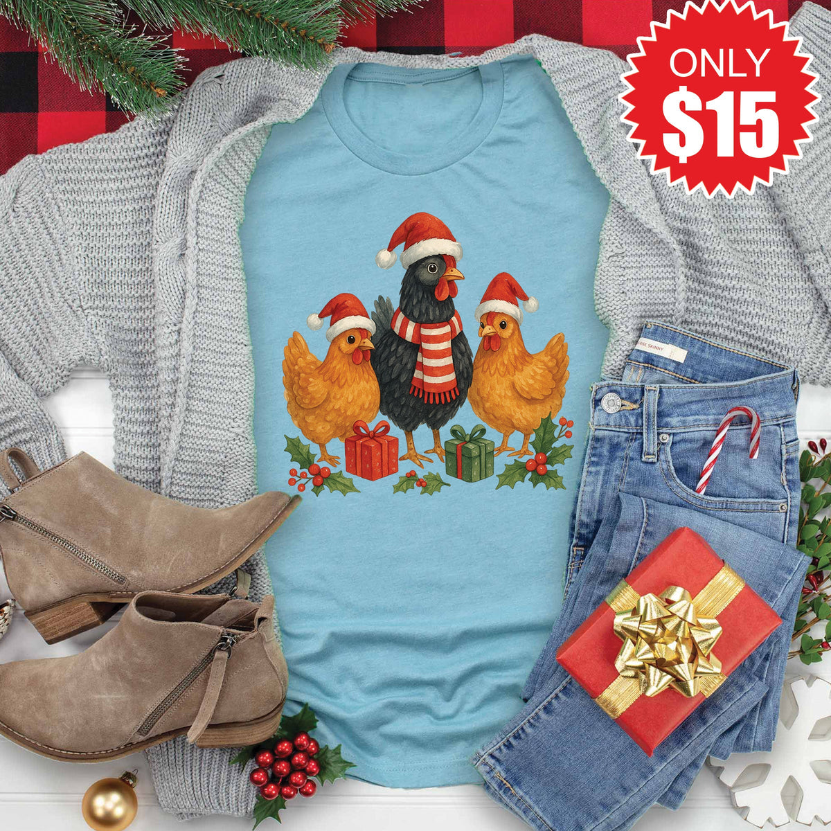 Christmas Chickens Tee - Heather Lagoon - 15 product image 1