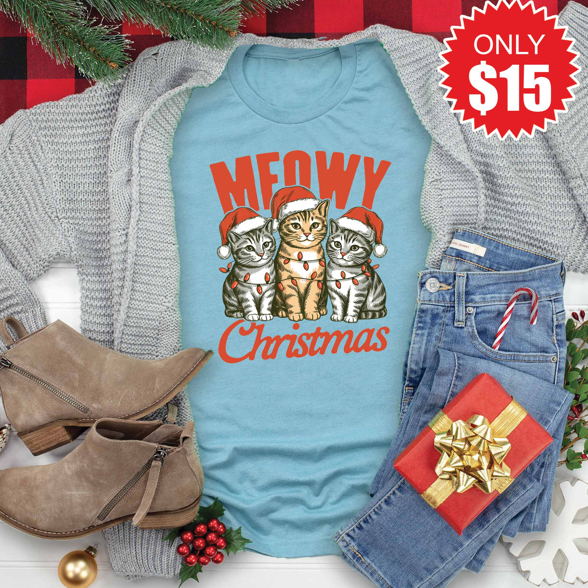 Meowy Christmas Tee - Heather Lagoon - 15 product image 1