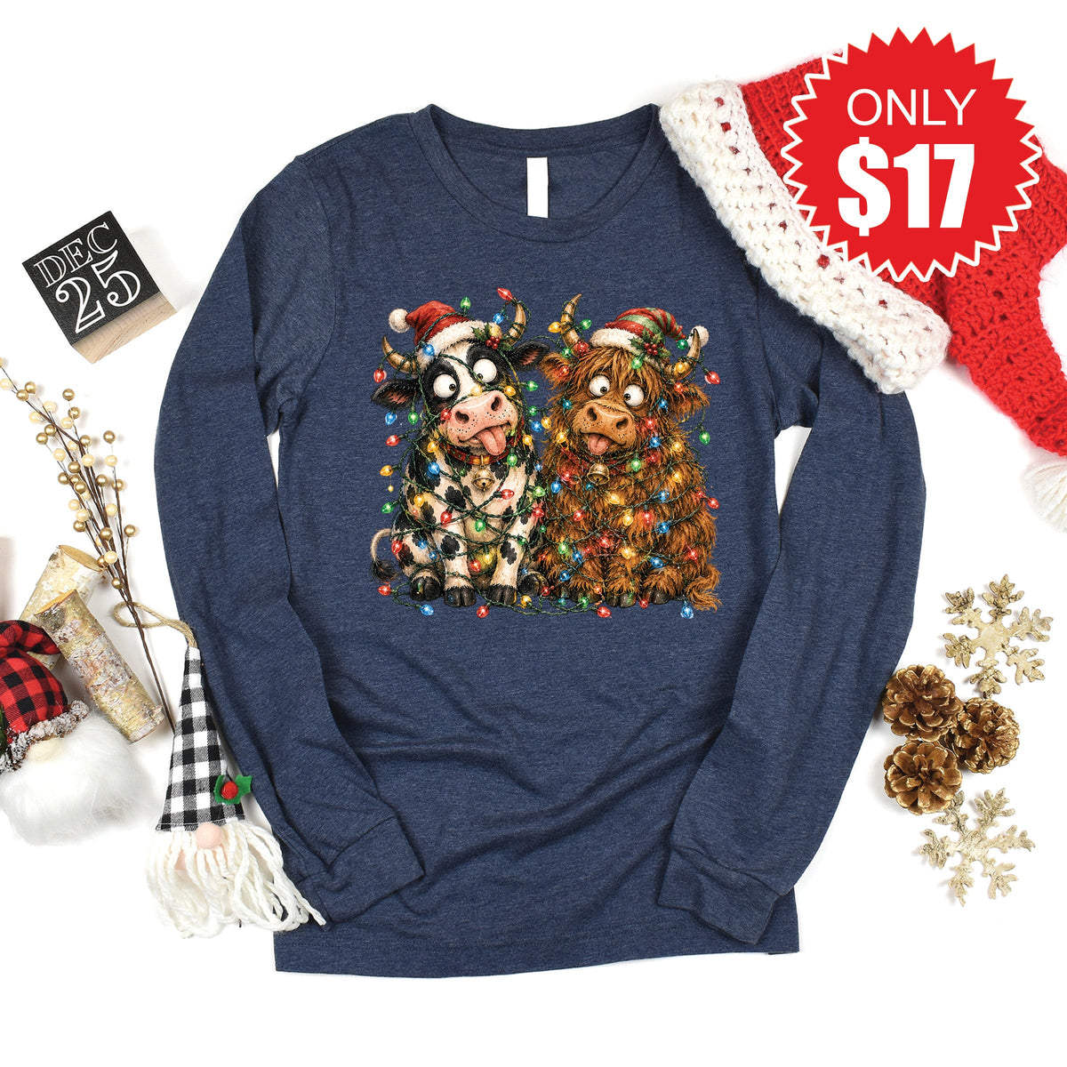 Christmas Cows Long Sleeve - Heather Navy - 17 product image 1