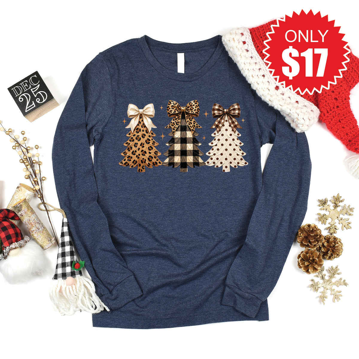 Leopard Christmas Trees Long Sleeve - Heather Navy - 17 product image 1
