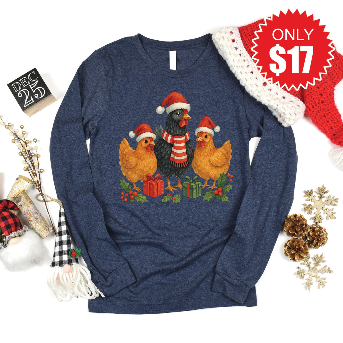 Christmas Chickens Long Sleeve - Heather Navy - 17 product image 1