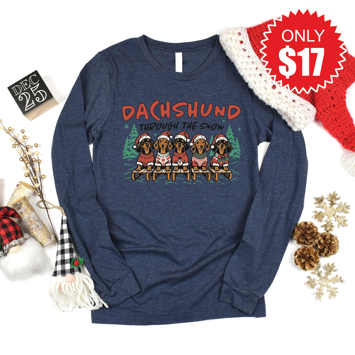 Dachshund Through The Snow Long Sleeve - Heather Navy - 17 product image 1