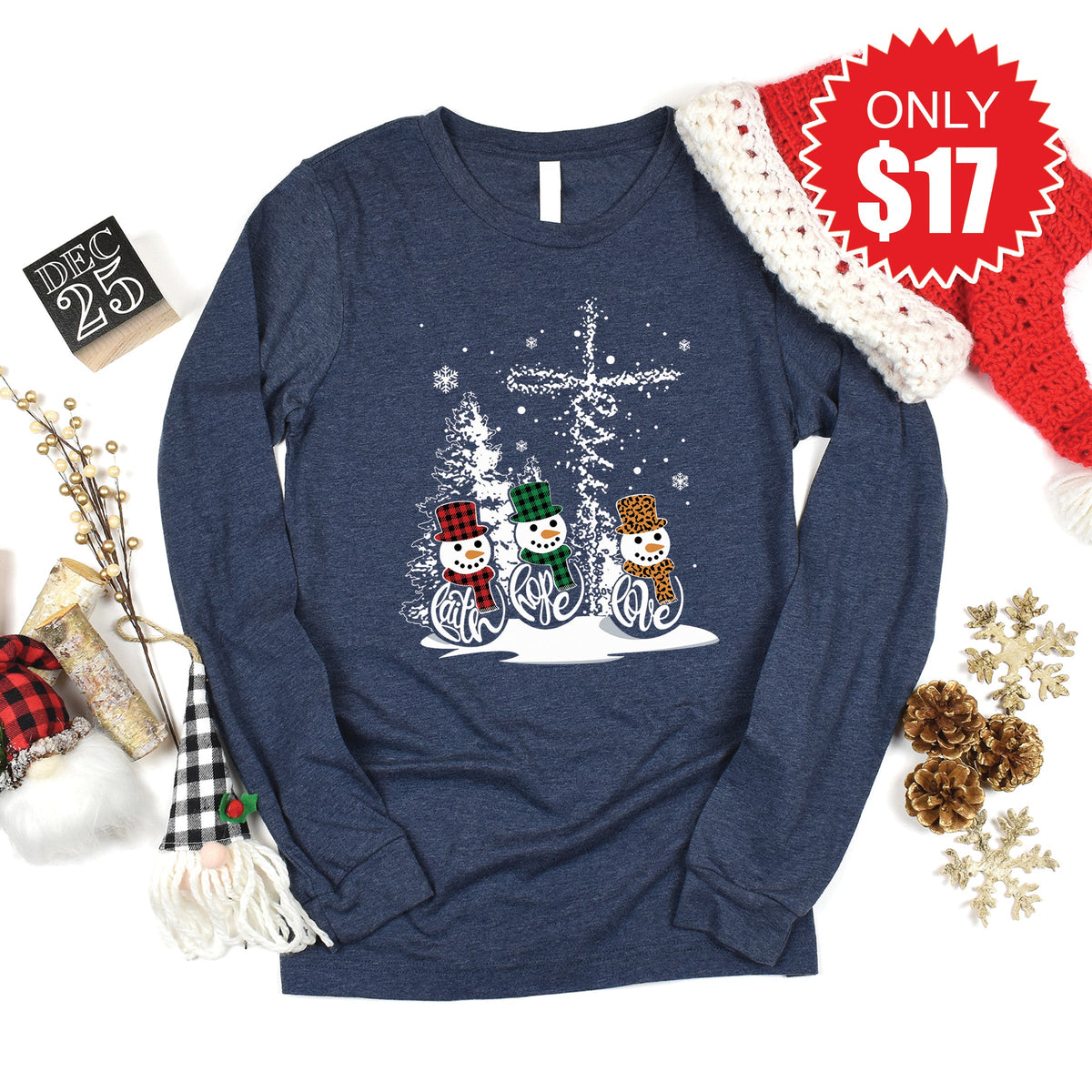 Faith Hope Love Snowmen Long Sleeve - Heather Navy - 17 product image 1