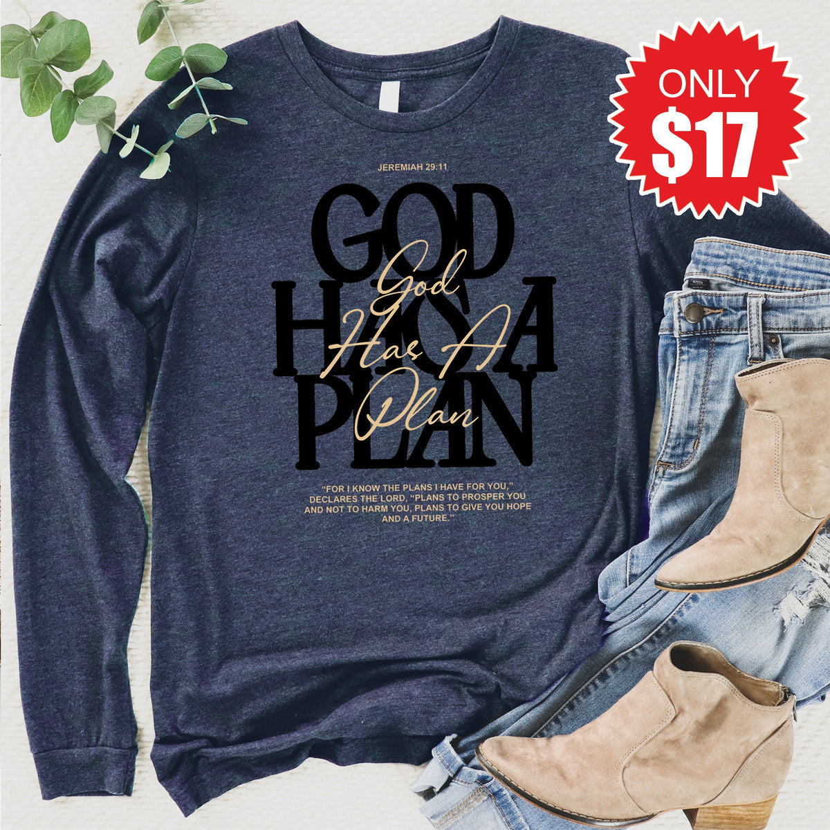 God Has A Plan Long Sleeve - Heather Navy - 17 product image 1